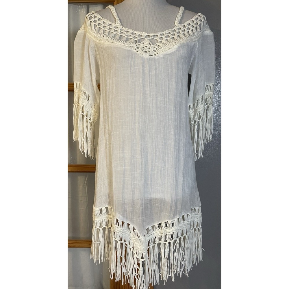 Wayan Crochet Swim Cover Up Dress OS Ivory Fringes Sheer Boho Resort Beach